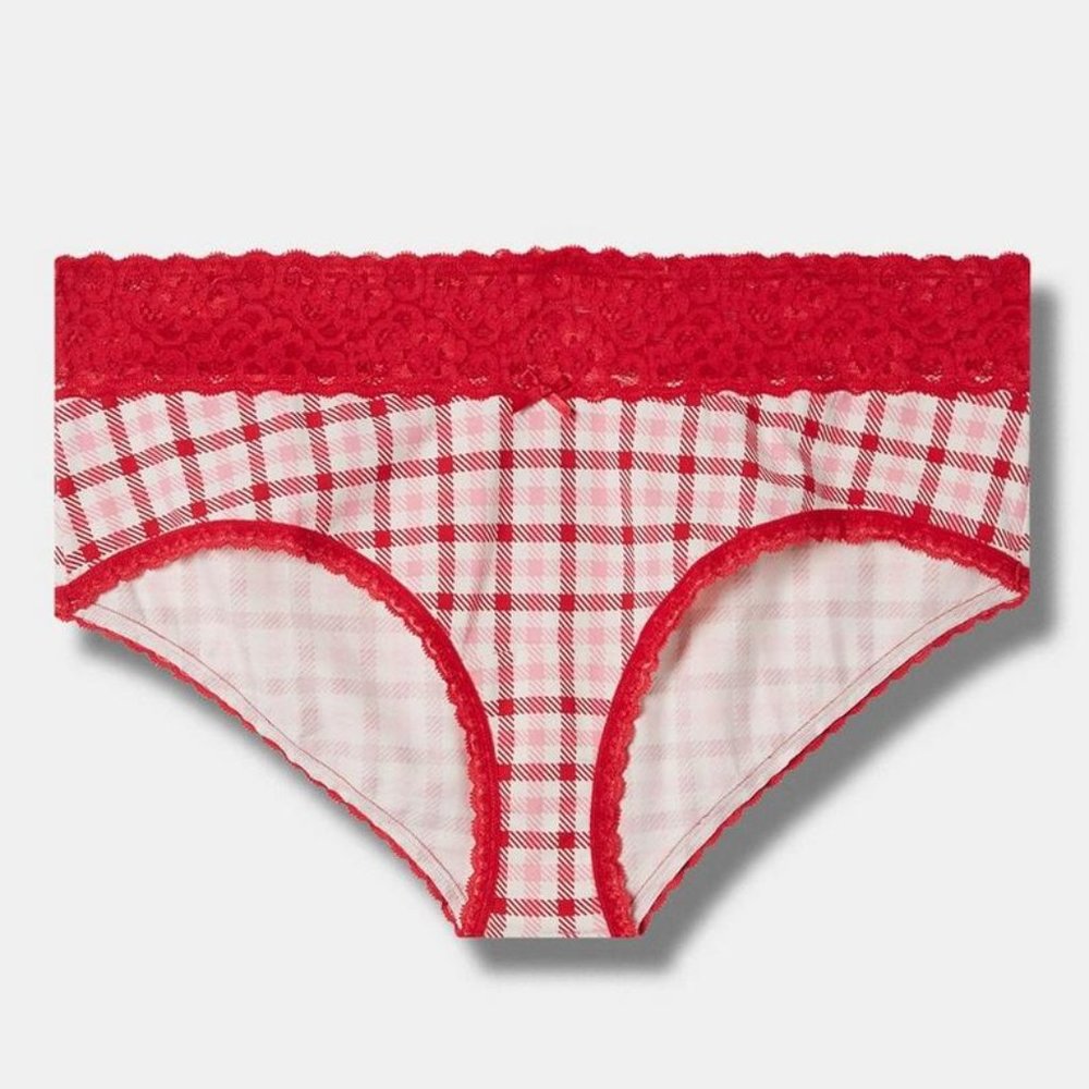 ♥️NWT TORRID RASPBERRY GINGHAM COTTON MID-RISE CHEEKY LACE TRIM PANTY